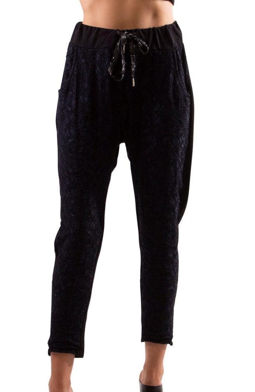 Gigi Moda NEW Terza 100% Cotton Black Lace Two-Tone Drawstring Cropped Pants